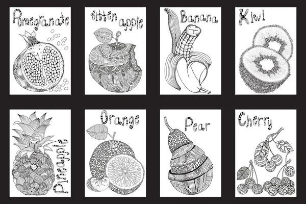 Conjunto de frutas y bayas zentangle — Archivo Imágenes Vectoriales