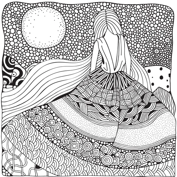 zentangle tarzında uzun saçlı kız