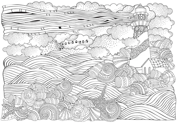 灯塔和贝壳，海景背景 — 图库矢量图片