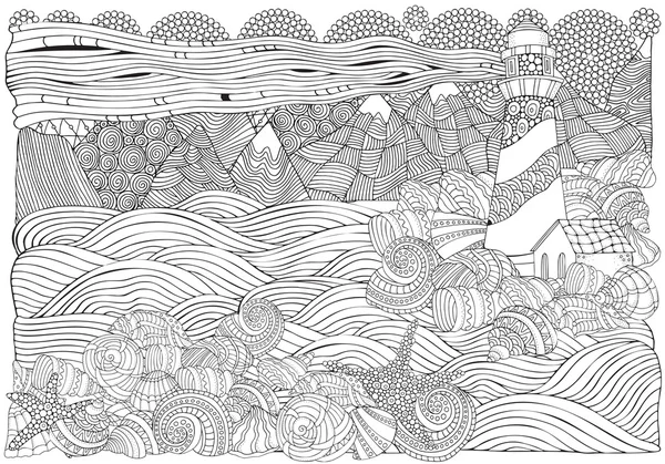 Deniz feneri ve deniz kabukları, deniz manzarası