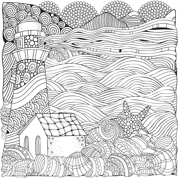 Deniz feneri ve deniz kabukları, deniz manzarası