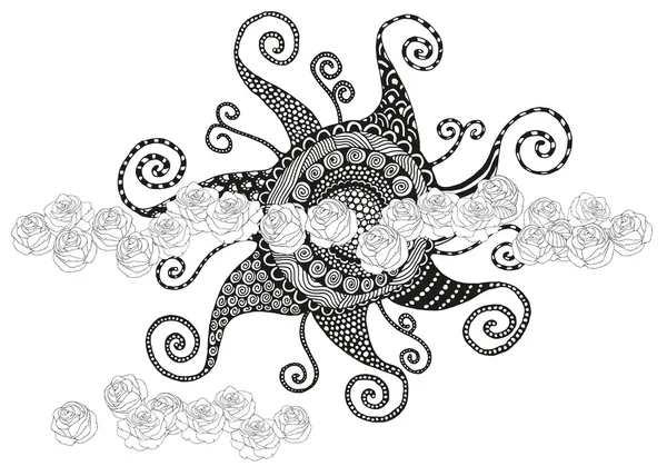 Sole tra le nuvole Modelli artisticamente zentangle — Vettoriale Stock