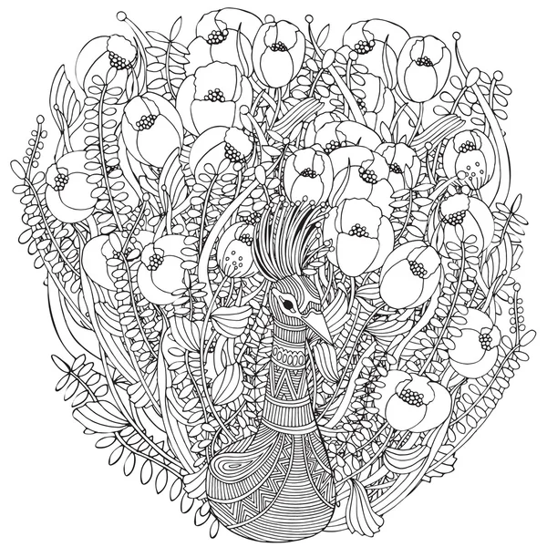 Egzotik çiçekler ve yaprakları ile Fantastik kuş