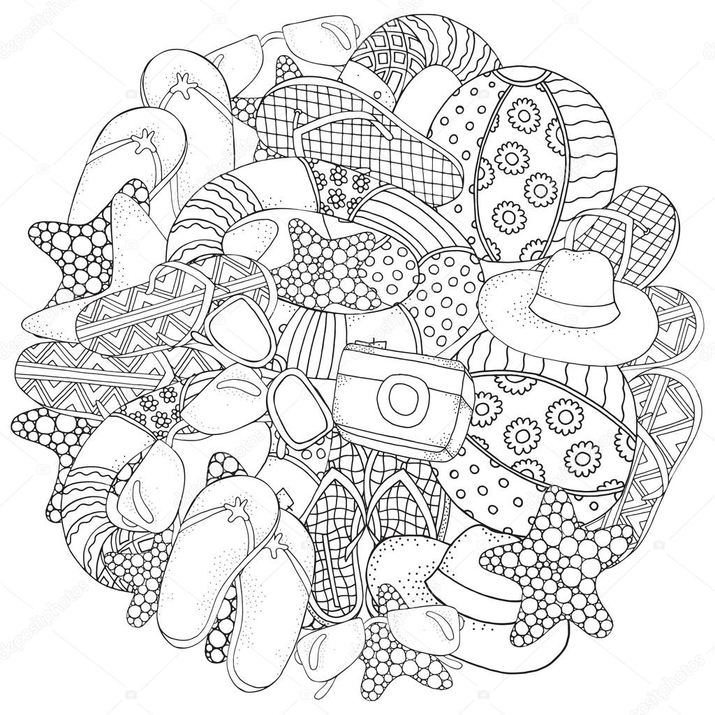 Starfish Lifebuoy Sunglasses Ball Flip Flops Hat Camera Hand Drawn Set Of Summer Doodles Elements Black And White Coloring Book Page For Adult