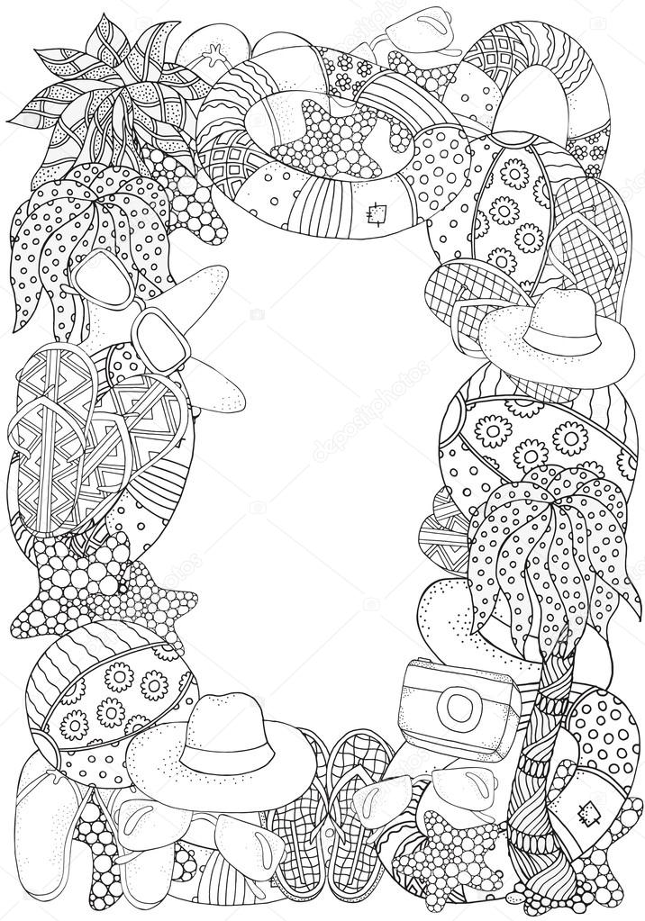 Lifebuoy Sunglasses Ball Flip Flops Hat Camera Hand Drawn Set Of Summer Doodles Elements Black And White Coloring Book Page For Adult