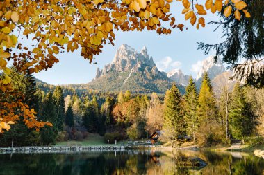 Pale di San Martino, Val Canali Dolomites. Welsperg Gölü 'ne yansıyan suyla sonbahara dönüşen dağ alp manzarası