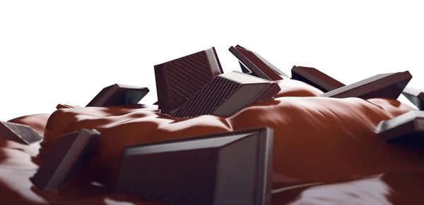 แถบช็อคโกแลตละลาย ครีมช็อคโกแลตและแท่งบนพื้นหลังสีขาว การแสดงผล 3 มิติ — ภาพถ่ายสต็อก