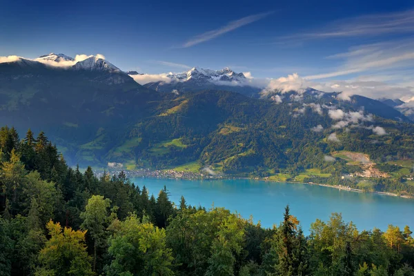 알프스 Alp Mountain 스위스의 Interlaken 근처에 유럽의 지형입니다 호수와 하늘이 — 스톡 사진