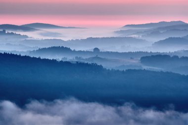 Schsische Schweiz, Almanya sonbahar manzarası. Avrupa 'ya seyahat. Doğada sisli bir sabah güneşi doğuyor. Ağaçlı ve ormanlı kayalık tepeler