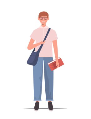 Portrait of smiling schoolboy with a bag over her shoulder and holding a red book in his hand. Happy teen male child in eyeglasses. Vector Not AI generate