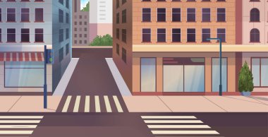 Stylized city street with crosswalk, buildings, and traffic light. Perfect for themes of modern living and infrastructure. Vector Not AI generated