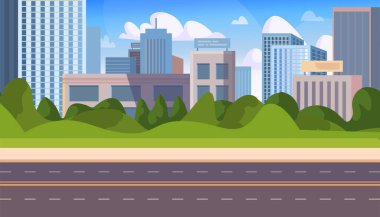 A city street in summer. Urban landscape with empty road, sidewalk, buildings, trees, shrub and blue sky with white clouds. Vector Not AI generated
