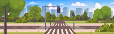 Modern binalar, ağaçlar, çalılar ve bulutlu gökyüzü ile çevrili yaya geçidi ve trafik ışıklarının olduğu boş bir şehir kavşağı. Sakin bir şehir geçişinin geniş bir manzara manzarası. Yapay zeka olmayan vektör oluşturuldu