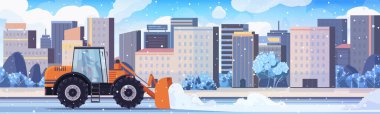 Kar taneleri düşerken, karlı sokakları temizleyen belediye kar temizleme makinesi. Kış şehri arka planında yüksek binalar var. Kamu hizmeti, ağır makineler ve yol güvenliği kavramı. Yapay zeka olmayan vektör oluşturuldu