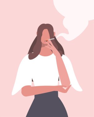 Ofis çalışanı sigara tutuyor, sigara içme ve nikotin bağımlılığını resmediyor. Sigara içen kadın, pastel pembe arka planda izole edilmiş. Yapay zeka olmayan vektör oluşturuldu