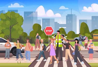 Bir grup çocuk yaya geçidinden karşıya geçerken yansıtıcı yelek giymiş bir adam dur işareti tutuyor. Bir işçi trafiği düzenliyor. Yapay zeka olmayan vektör oluşturuldu