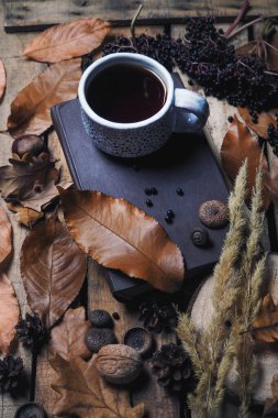 En üst görünüm sakin sonbahar yaşam kompozisyonu kahverengi kitaplı bir fincan çay, sonbahar yapraklı ahşap eski tahtalar ve yaşlılar.