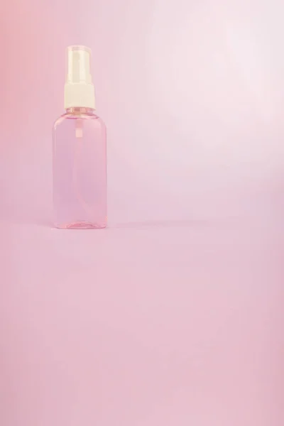 Antiseptic Spray Disinfection Hand Sanitizer Bottle Pink Background Copy Space — Stock Photo, Image