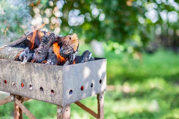 Dışarıda lezzetli Shashlick pişirmek. Barbeküde şömine.
