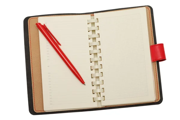 Red leather notebook with pen — Stock Photo, Image