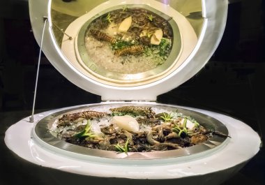 Deniz ürünleri tabağı, tarak, ahtapot ve kabukları