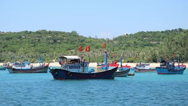 Barche da pesca nella baia vicino alla riva — Video Stock