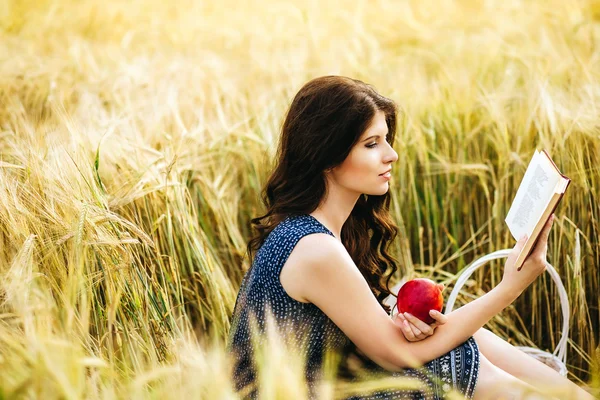 Portrait of cute pretty happy young woman with basket in dress reading book , eating apple, sitting on a grass in field — Stock Photo, Image