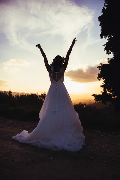 Silhouette of a Bride at sunset, in nature — Stock Photo, Image