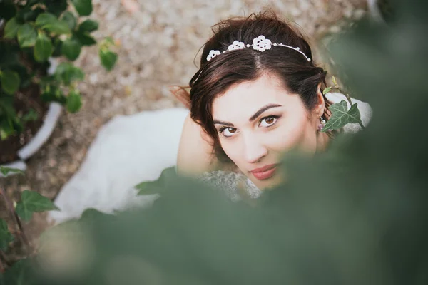 Happy beautiful bride into nature — Stock Photo, Image