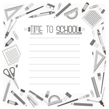 Çerçeve veya gri okul düz simgeleri ve metin için bir yer ile kenarlığı; Not defteri için okul çerçevesine zaman