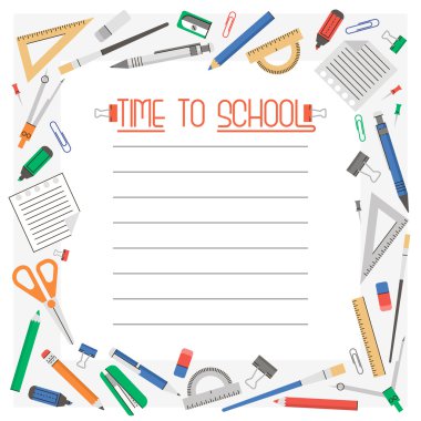 Vektör çerçevesi veya okul malzemeleri ile sınır düz simgeler ve metin için bir yer; Geri çok okul çerçevesi; Kırtasiye seti.