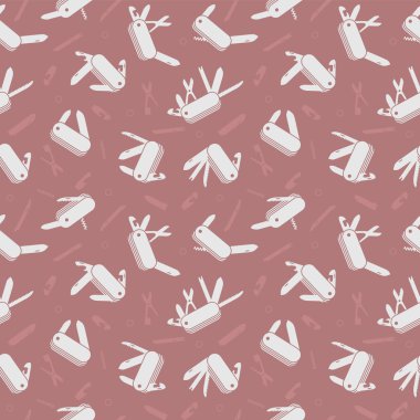 Düz simge vektörü parçalara ayırmak için Katlanır İsviçre bıçakları ile dikişsiz desen; Kırmızı İsviçre Çok amaçlı alet; Katlanır bıçağın parçaları