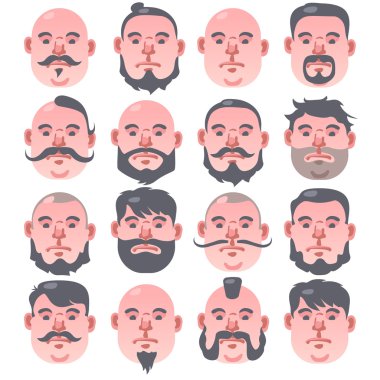 16 Human beige faces with different hairstyle and beard; Portrait of a old man vector clipart