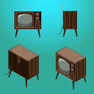 Retro Tv ayaklar üzerinde ahşap durumda biyometrik vektör