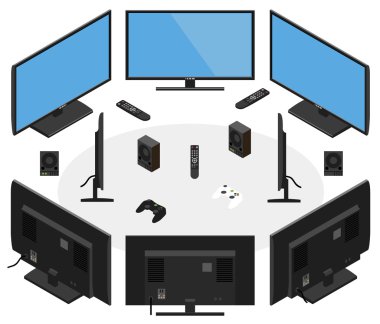 Uzaktan kumandalı izometrik Monitörler kümesi. Farklı yanlardan düz tasarım gösterilen mavi ekran ile izometrik modern Led Tv; Tv biyometrik simgesi; Tv düz simgesi; Tv isometrik simge seti; Tv düz