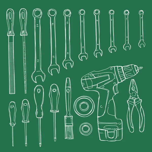 Dibuja objetos de ilustración para reparaciones en el hogar. Elementos vectoriales dibujados a mano en un tablero verde — Vector de stock