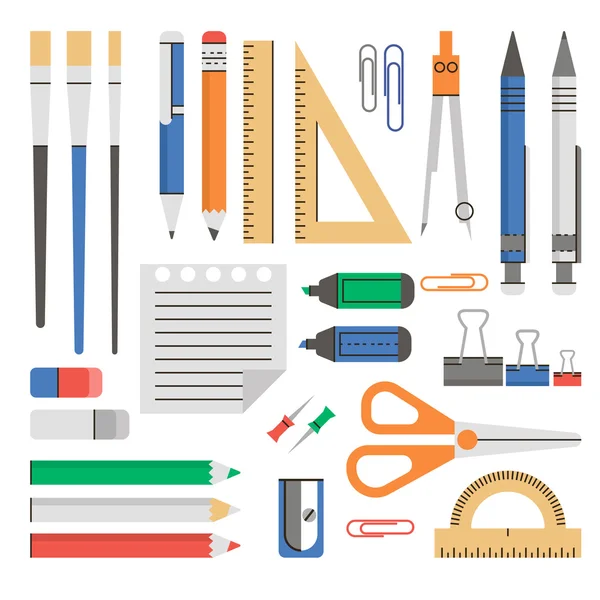 School supplies flat modern design. School supplies equipment and back to school icons vector isolated; Stationery set. — Stock Vector