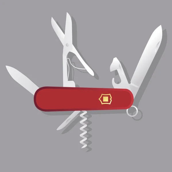 Red Swiss knife, red multi-tool, multipurpose penknife isolated vector — Stock Vector