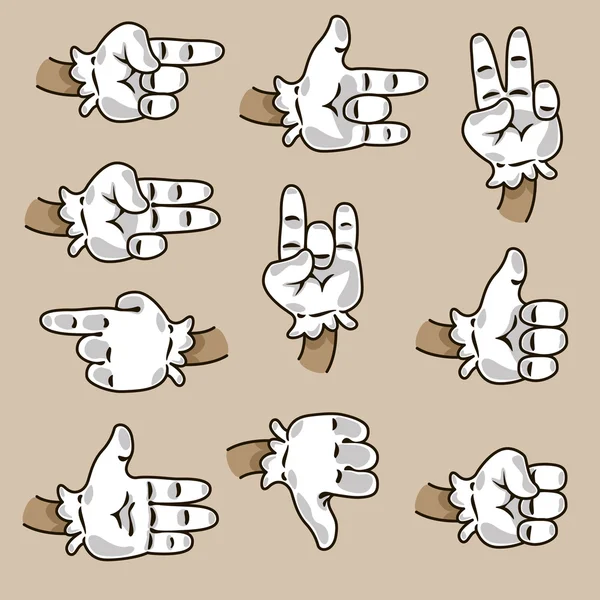 Imagen de la mano humana de dibujos animados en guantes blancos conjunto de gestos. Diferentes manos, gestos, señales vector ilustración ; — Vector de stock