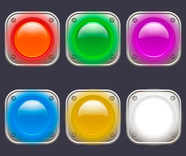 Lysende, fargerik, skinnende blinkende lys med metallkanter; lyspærer, blankt ikon; opplyst skinnende knappvektor – stockvektor
