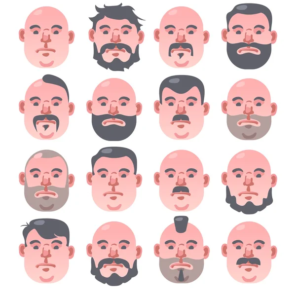 Set of 16 beige Human faces with different hairstyle and beard; Portrait of a man vector illustration — Stock Vector