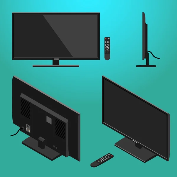 3D-illustratie van zwarte moderne LED-TV met afstandsbediening Isometrische Vector — Stockvector