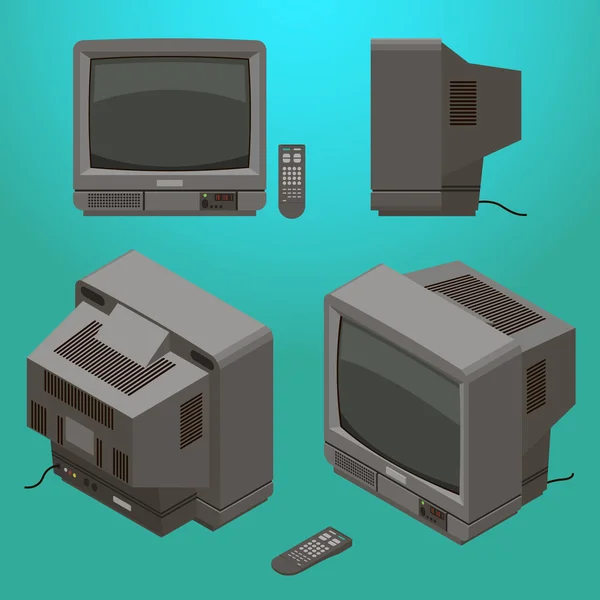 Télévision grise à l'ancienne avec télécommande isométrique vecteur — Image vectorielle