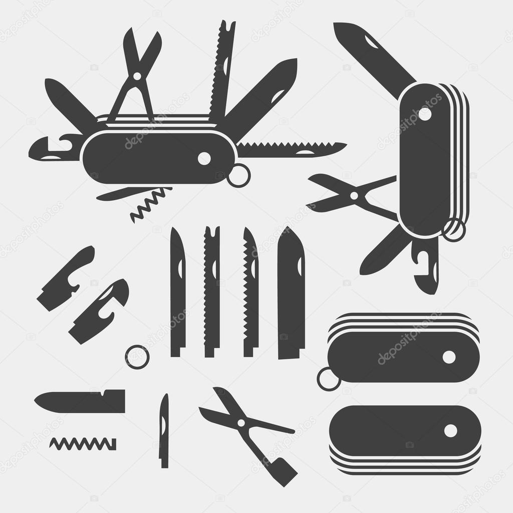 Swiss Folding knives to take apart flat icon vector; Multi-tool instrument EPS 10