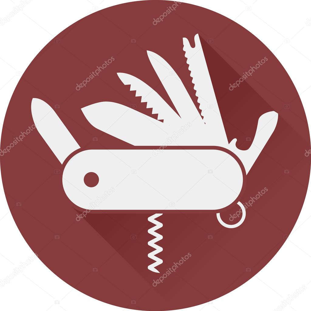 Folding army knife flat icon vector; Folding knife logo in the circle; multi-tool instrument sign vector isolated; Swiss multi tool flat icon