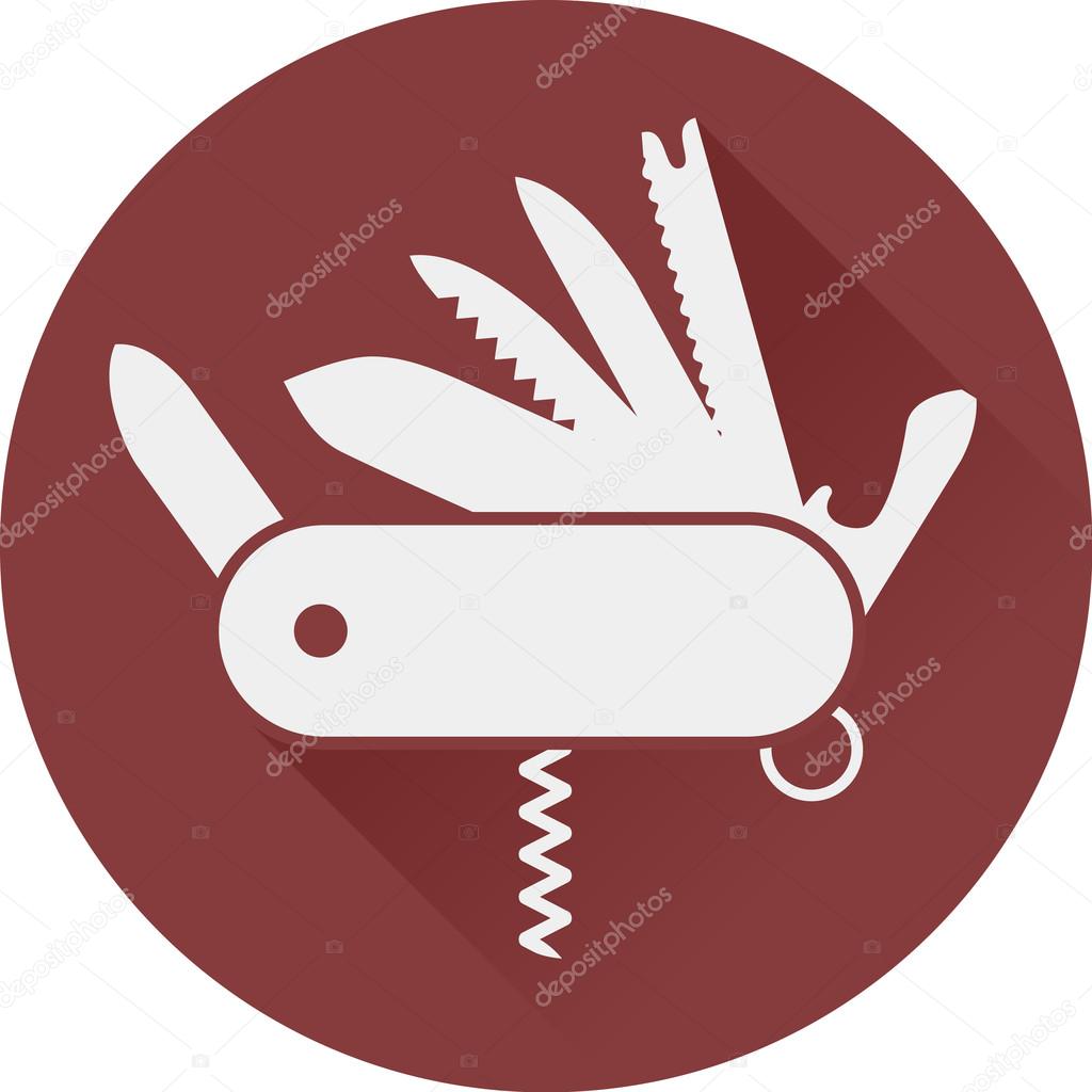 Folding army knife flat icon vector; Folding knife logo in the circle; multi-tool instrument sign vector isolated; Swiss multi tool flat icon EPS 10