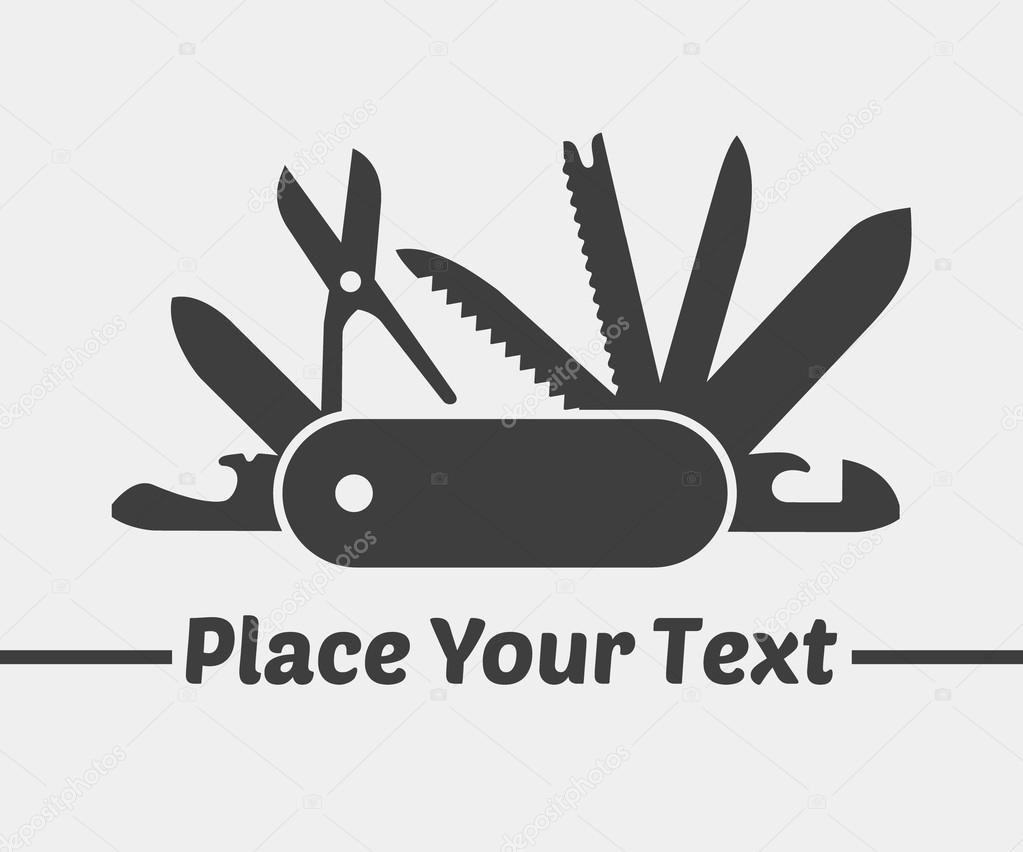 Swiss folding knife flat icon vector with place for your text; Folding army knife; multi-tool instrument sign vector isolated; EPS 10