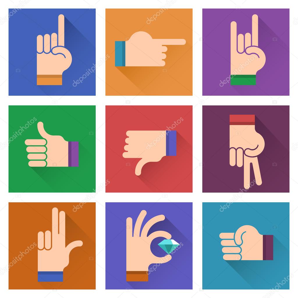 Different hands, gestures, signals flat design illustration; Vector hand icon set on a colorful bright background
