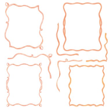 Cadılar Bayramı. Suluboya kurdele çerçevesi. Kurdele yayı. Turuncu, mor. Balkabakları, hayaletler, yarasalar. Davetiyeler ve kartlar için sonbahar tatili dekorasyonu. Çerçeve seti. Suluboya çerçevesi.