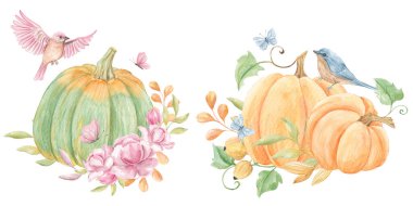 Suluboya kurdele çerçevesi. Kurdele yayı. Turuncu takım. Balkabakları, kuşlar, mantarlar. Davetiyeler ve kartlar için sonbahar tatili dekorasyonu. Çerçeve hazır. Suluboya çerçeve. Orman havası. Şükran Günü.